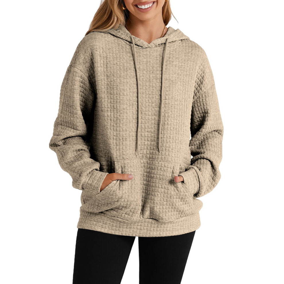 (pink, M) Eytino Hoodies for Women Fall Waffle Knit Hoodies Long Sleeve Drawstring Casual Pullover Sweatshirt with Pockets Brown L-image-OPC-PFHDDSS-NEW