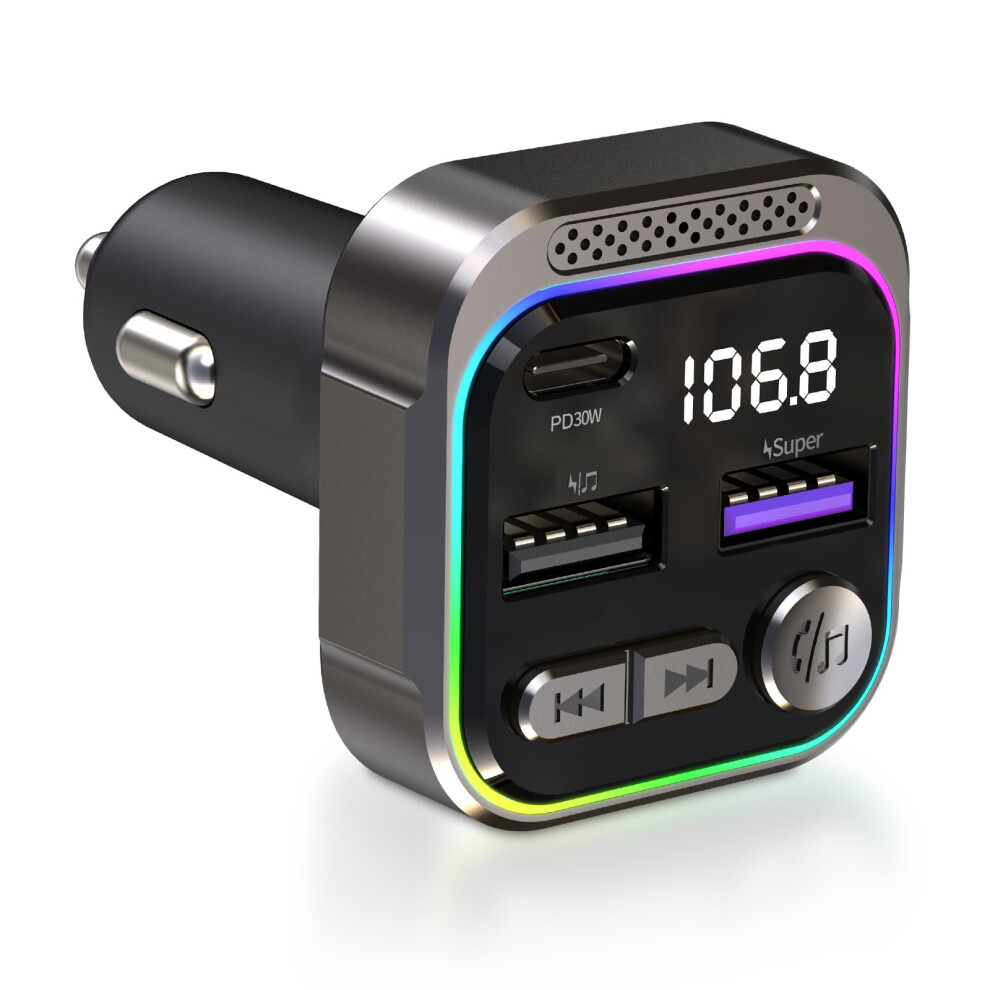 Chronus Fm Bluetooth 5.3 Transmitter Car, Bluetooth Car Adapter With Pd30w, Hands-Free Calling, Hi-Fi Sound Support U Disk With (Black) Light/Black 6976918030962