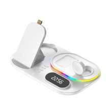 Relógio Led de 15 W 4 em 1 Estação de Carregamento Sem Fio Dobrável para Iphone 16-12Max/Xr/X/8 Samsung S20/S10 Note Qi Carregando Iwatch e