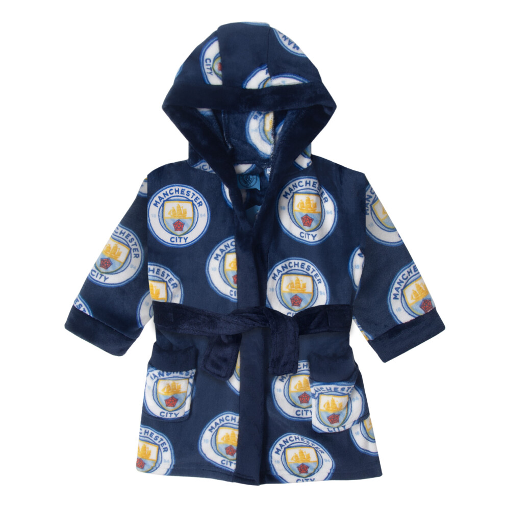 (Navy - AOP, 2-3 Years) Manchester City Baby Dressing Gown Toddler Robe Hooded Fleece OFFICIAL Gift