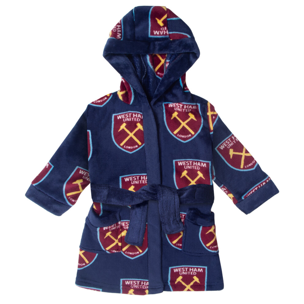 (Navy - AOP, 6-12 Months) West Ham United Baby Dressing Gown Toddler Robe Hooded Fleece OFFICIAL Gift