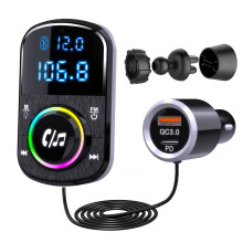Chronus FM Transmitter, Hands Free Car Phone Kit Bluetooth, Support QC3.0 & PD Fast Charger/Ambient Light/Self-Adhesive Base and Clip with 1.1 Cable,