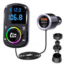 Chronus Car Bluetooth Transmitter, FM Transmitter, Support Hands Free/QC3.0 & PD Fast Charger/Ambient Light/Self-Adhesive Base and Clip with 1.1 Cable