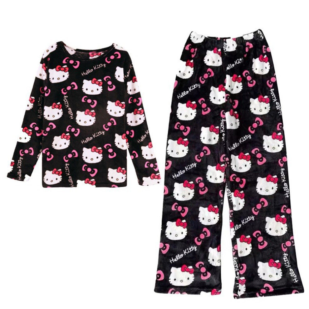 (Black, M) Hello Kitty Cartoon Pajamas Top Pants Set Womens Sleepwear Nightwear Loungewear