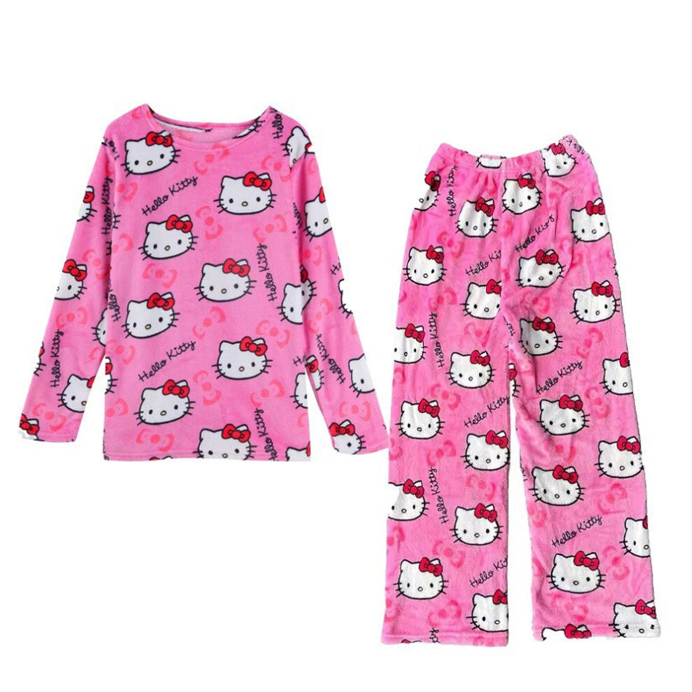 (Pink, 2XL) Hello Kitty Cartoon Pajamas Top Pants Set Womens Sleepwear Nightwear Loungewear