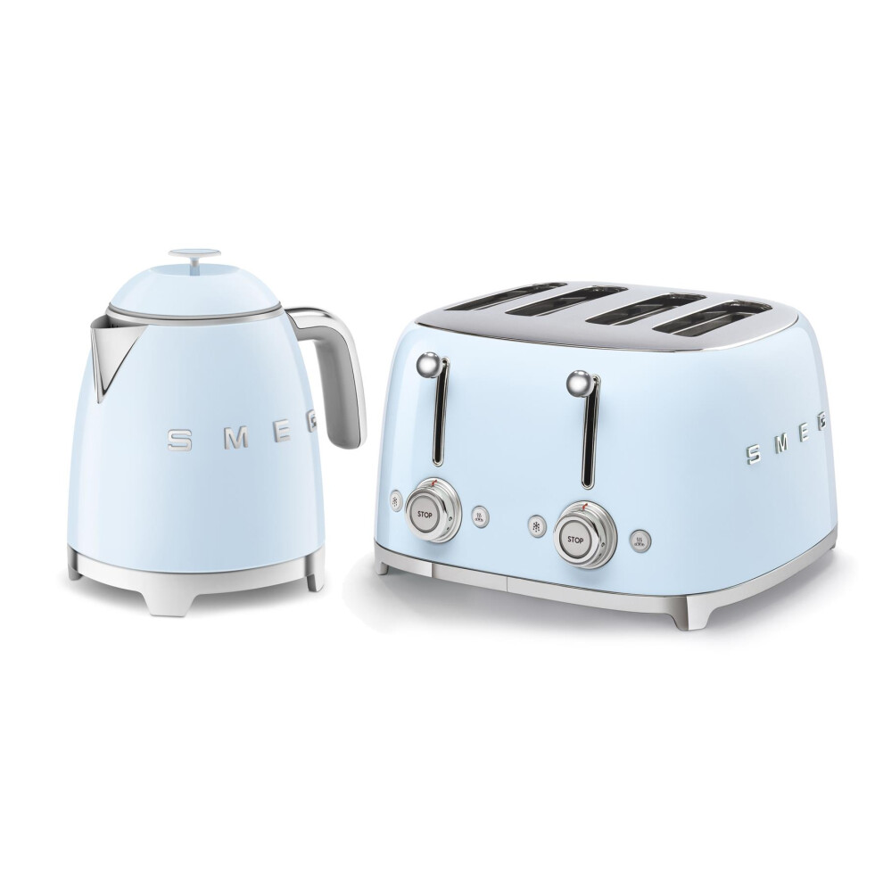 Smeg 50's Style Retro Range Breakfast Set, 0.8L 1400W Mini Kettle and Multi-Functional Control 4-Slice 2000W Toaster, Pastel Blue