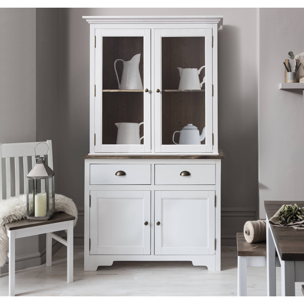 Canterbury Dresser Cabinet with 2 Drawer Glass Doors in White and Dark Pine