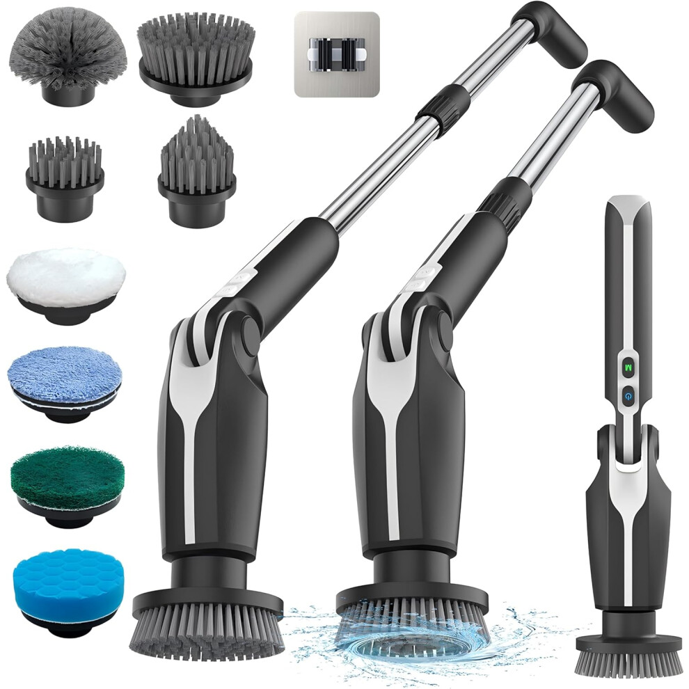 (Black and Grey) Electric spin scrubber, 2024 upgraded version electric scrubber for cleaning, spin scrubber with long handle and 8 replaceable brush heads