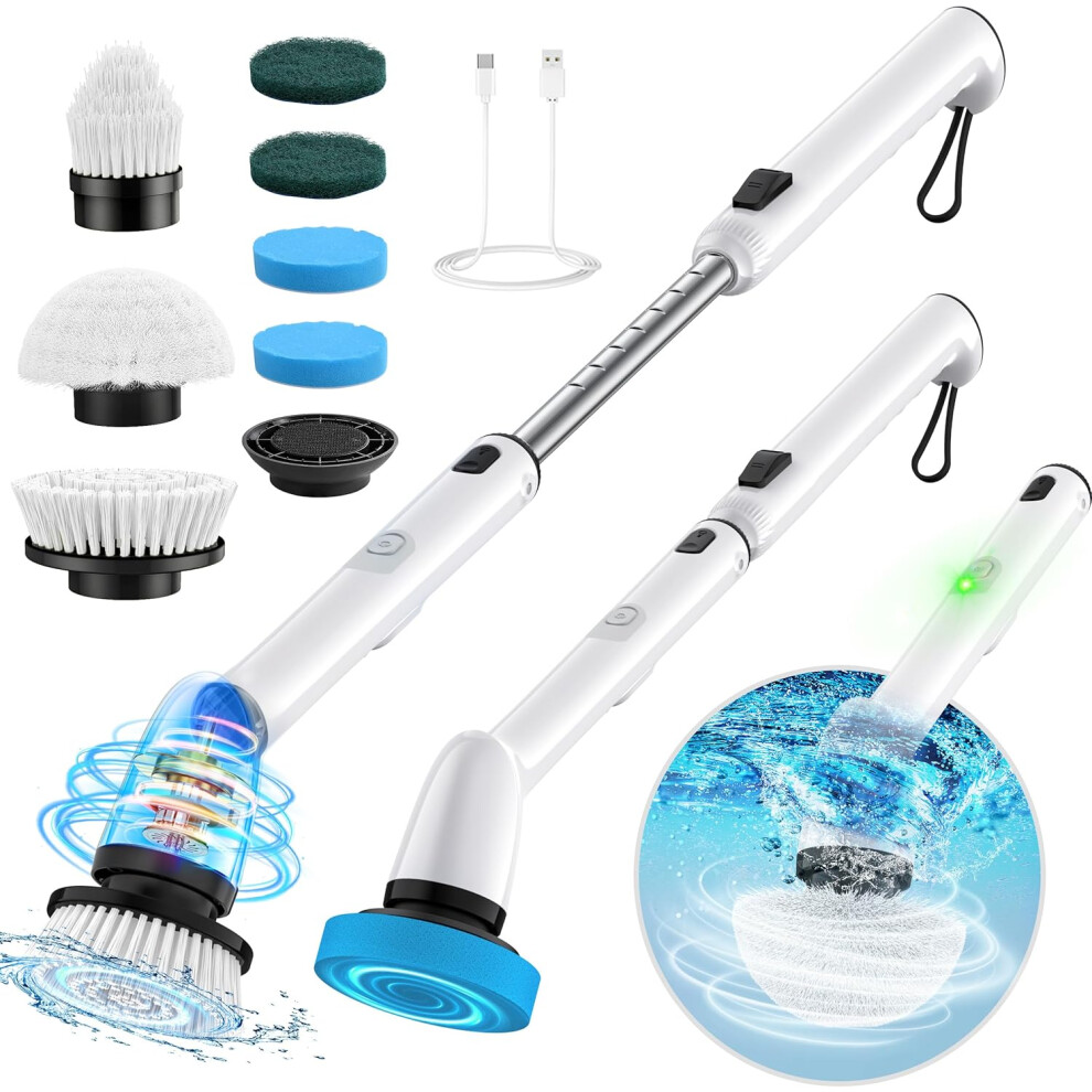 Upgraded Electric Cleaning Brush, IPX7 Full Body Waterproof Electric Spin Scrubber with 2 Speeds, Adjustable Long Handle and Replaceable Brush