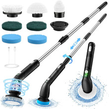 Electric cleaning brush, IPX7 electric rotating brush with long handle, shower brush with LED display, bathroom cleaning brush with 2 rotation speeds