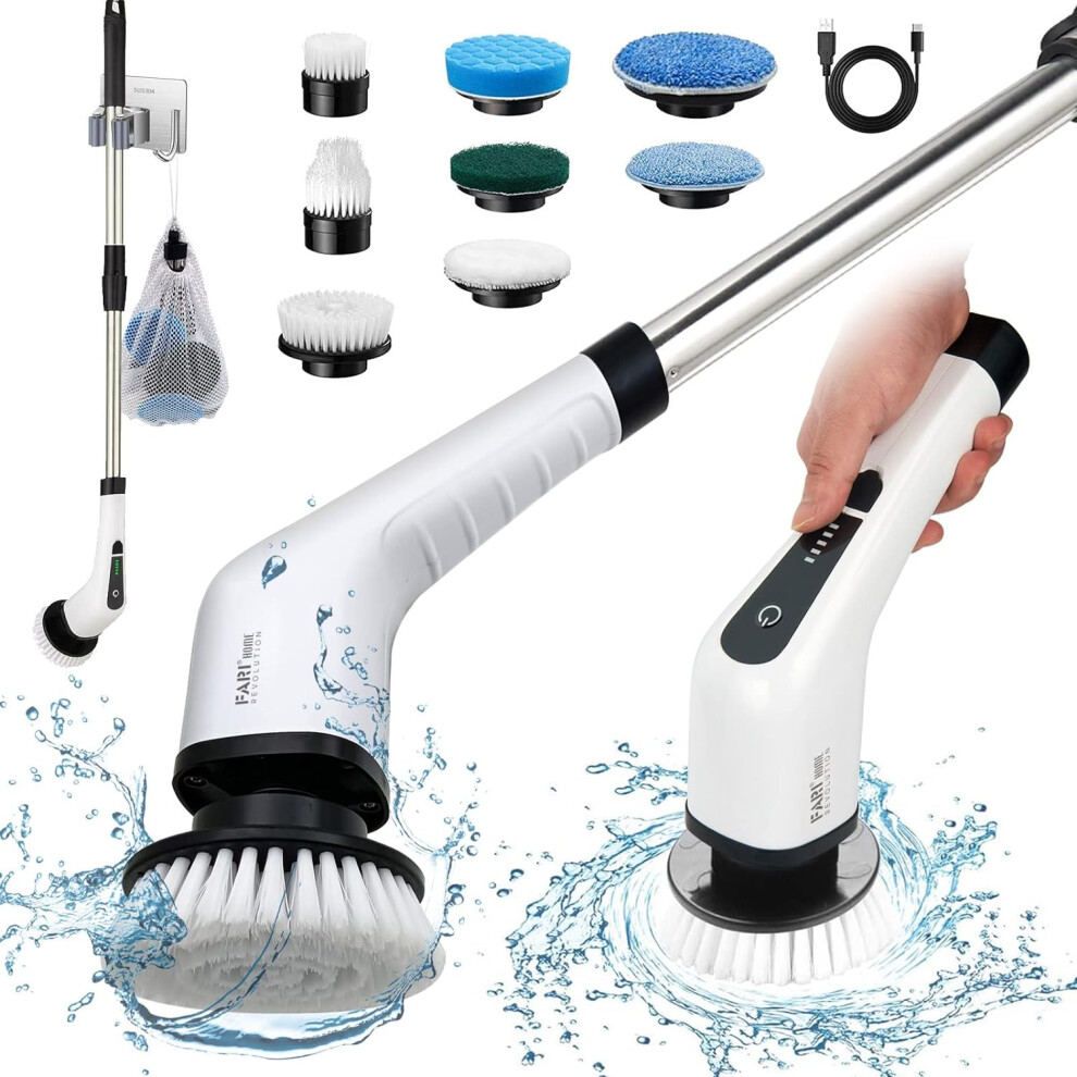 Electric Spin Scrubber with 8 Replaceable Drill Brush Heads, Cordless Electric Scrubber with Adjustable Handle Bathroom and Shower Cleaner