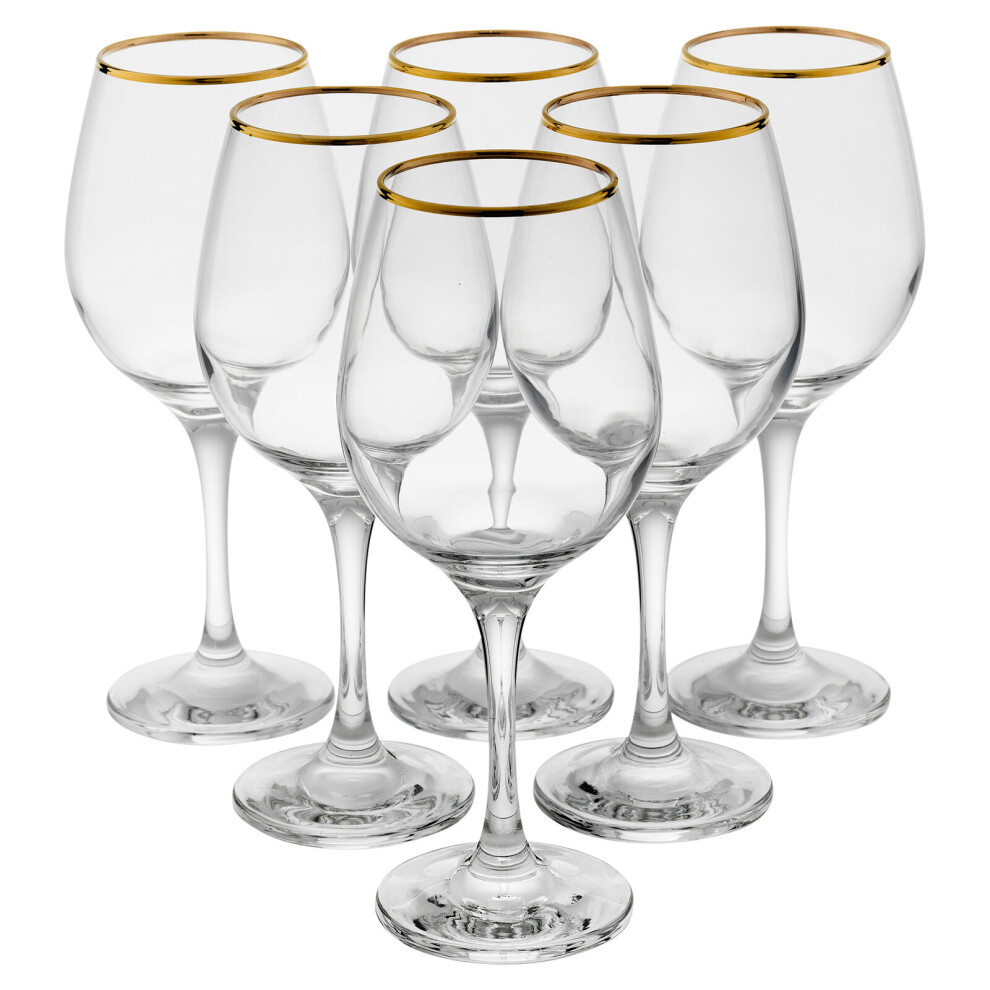 (Set of 6 460ml) 460/365/295ml Amber Gold Rimmed Wine Drinking Glasses Gift Sets