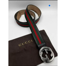 (115) GUCCI Men Silver Buckle,Red/Green Brown Belt