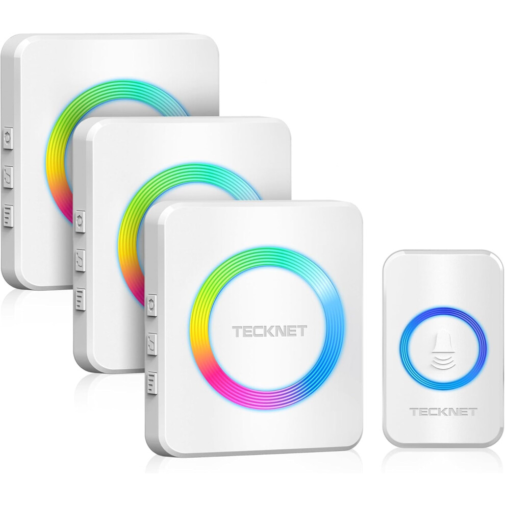 (White) TECKNET Wireless Doorbell 3 Receivers, Door Chime Kit with RGB Light, 400 M/1300 ft Wireless Range