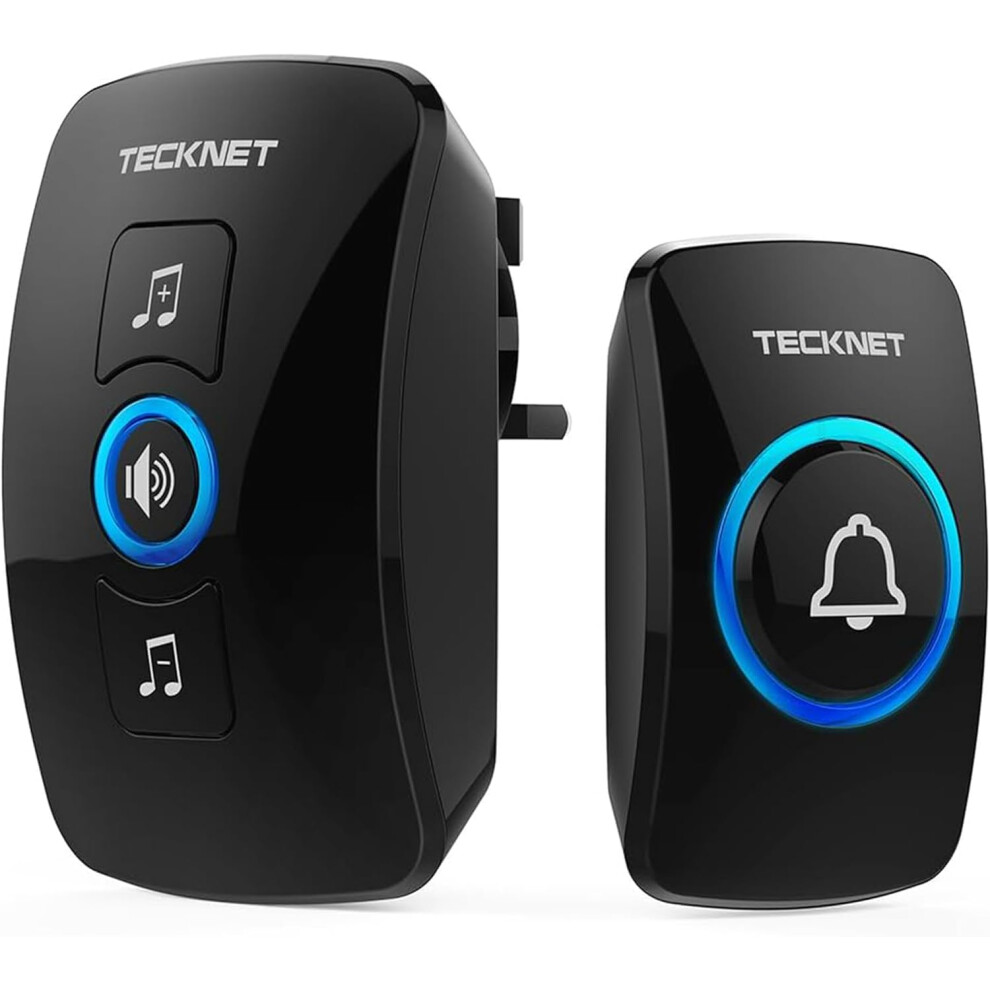 (Black) TECKNET Wireless Doorbell, IP65 Waterproof Wall Plug-in Door Bells Wireless Cordless Chime Kit at 1300-feet Range