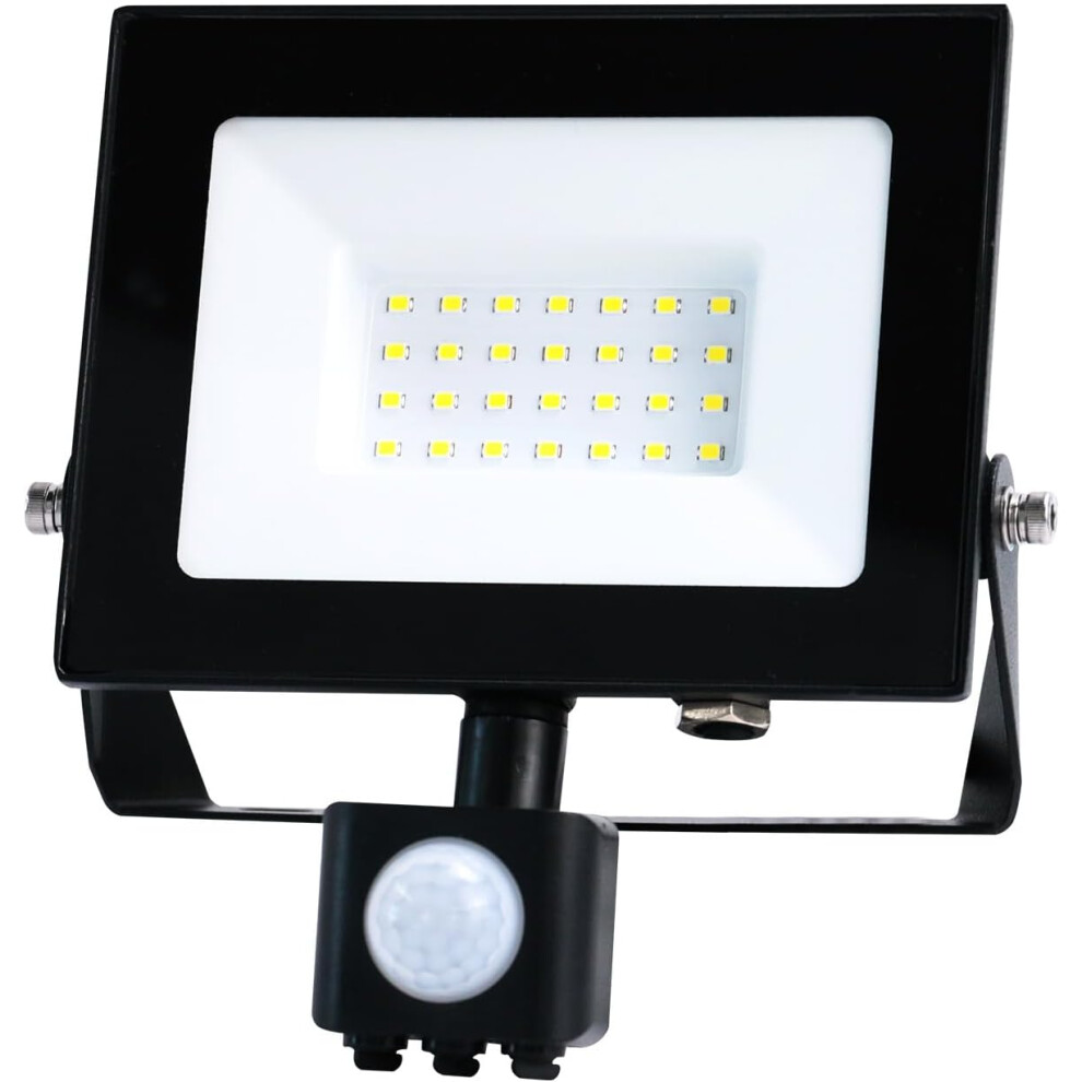 Bright Source LED Floodlight, PIR Motion Sensor, IP65, 30W, 3300lm, 120° Beam Angle, 6500K Daylight White, Black, Tilt Mounting Bracket & 1m Lead