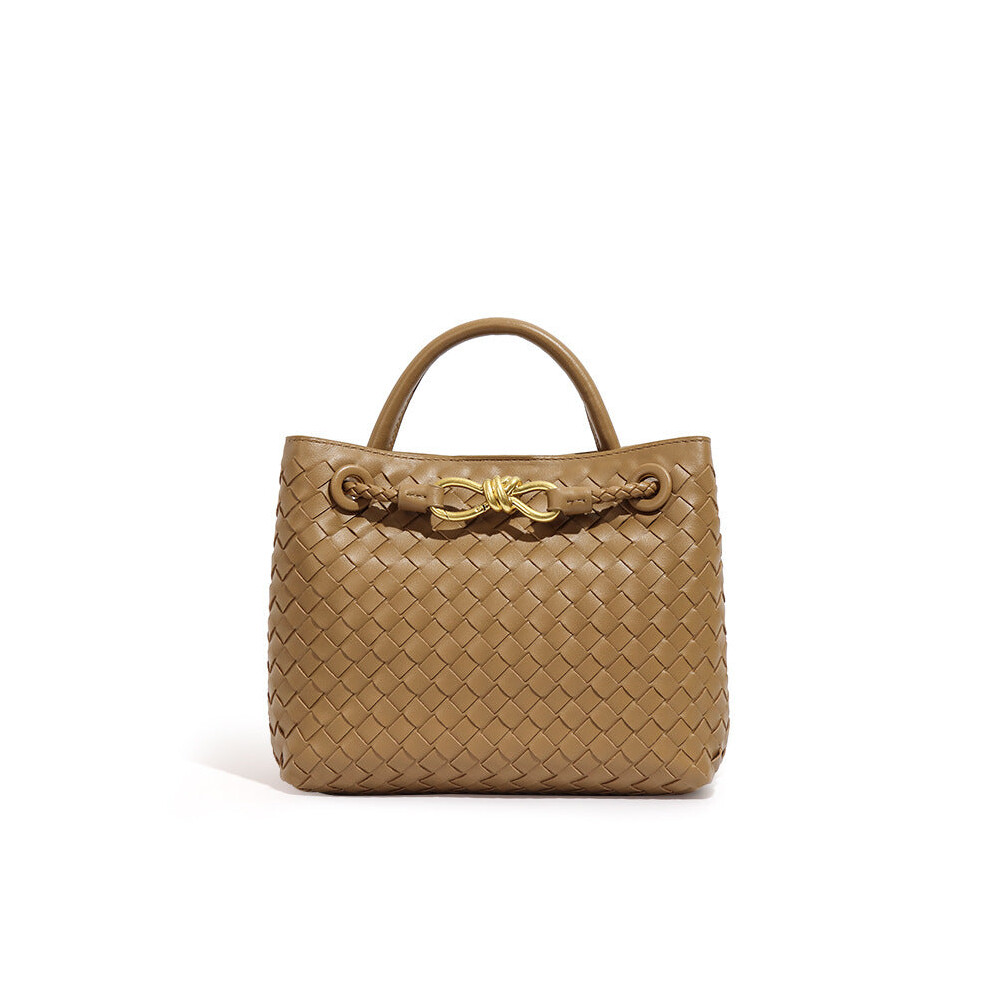 (Khaki) Woven Handbag For Women Retro French Bag Versatile Large Capacity Waterproof Twist Handbag
