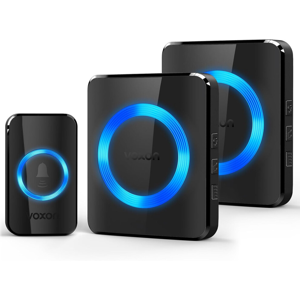 (Black) Wireless Doorbell, VOXON Door Bells Wireless Cordless with 2 Receivers IP65 Waterproof Plug in Door Bell Battery Operated