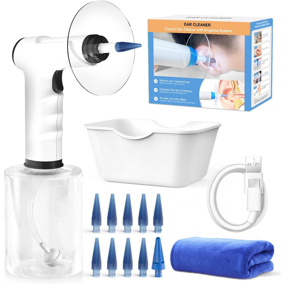 (9 1 Disposable Tips Black) Rechargeable electric earwax removal ear irrigation system, effectively cleans the ears, comes with disposable earplugs and ear water collection basin