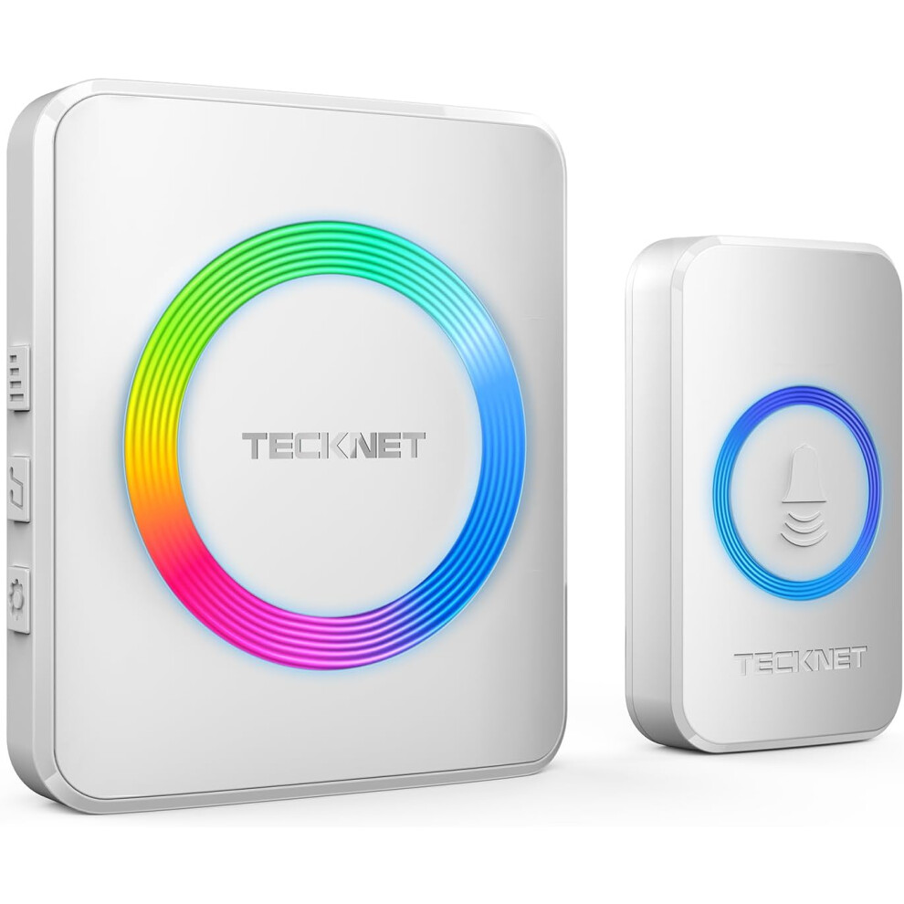 (1 RGB white receiver with 1 transmitter) TECKNET Wireless Doorbell, IP65 Waterproof Wall Plug-in Cordless Door Chime Kit with 1300feet / 400m Range, 60 Chimes