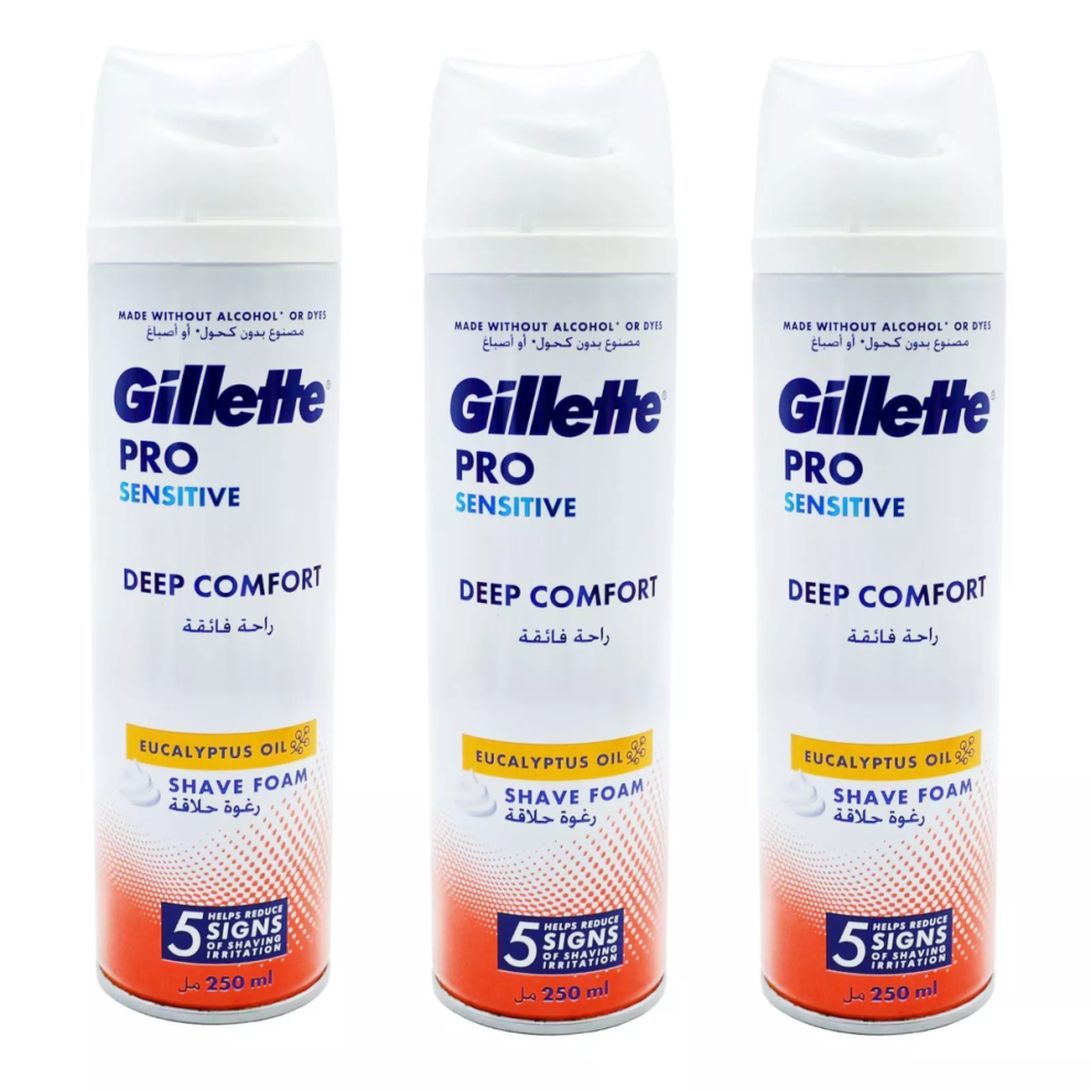 3 x 250ml Gillette Pro Sensitive Deep Comfort Shave Foam with Eucalyptus Oil