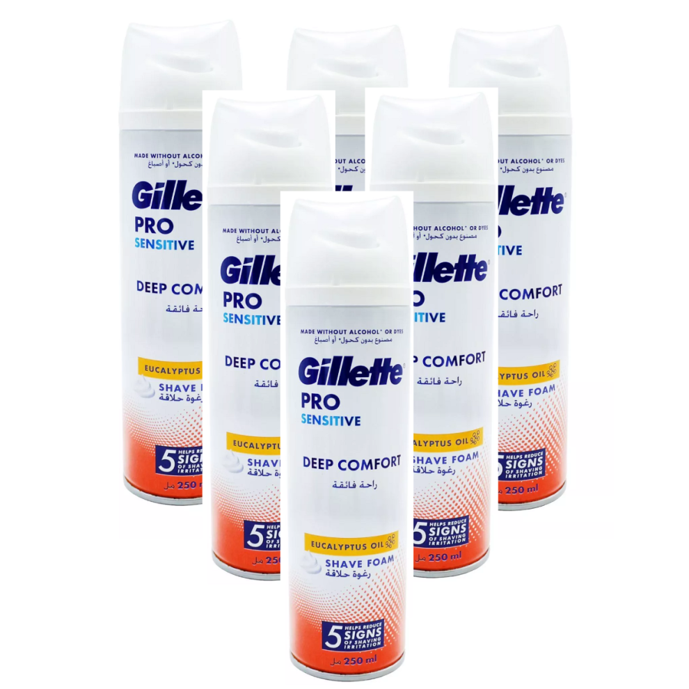 6 x 250ml Gillette Pro Sensitive Deep Comfort Shave Foam with Eucalyptus Oil