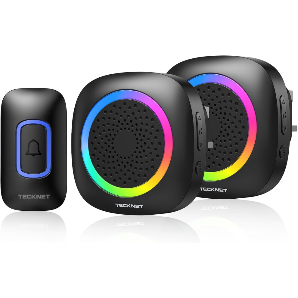 (Rgb-black) TECKNET Wireless Doorbell, Plug in Door Bells Wireless Cordless with 2 Receivers, IP66 Waterproof Wireless DooR