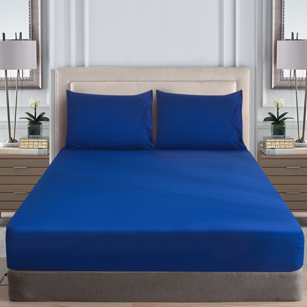 (ROYAL-BLUE, Single) Deep Fitted Sheet Single Double King Super king size Microfiber Bed Sheets