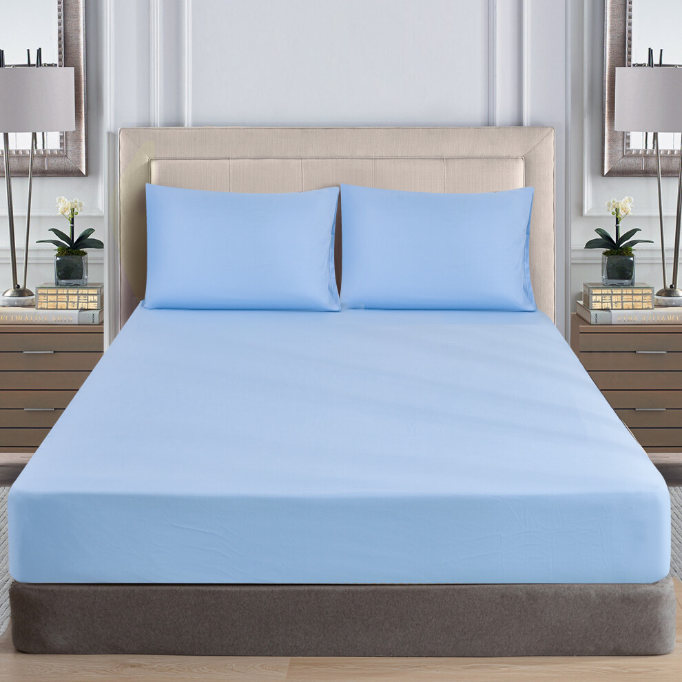 (SKY-BLUE, King) Deep Fitted Sheet Single Double King Super king size Microfiber Bed Sheets