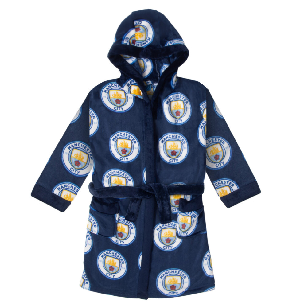 (Navy - AOP, 7-8 Years) Manchester City Boys Dressing Gown Robe Hooded Fleece Kids OFFICIAL Football