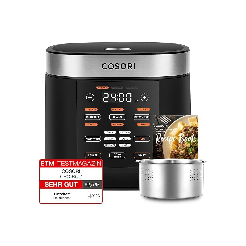 Rice cooker, slow cooker and steamer with ceramic coated interior and fuzzy logic, multifunctional rice cooker, 17 functions, warmer, timer