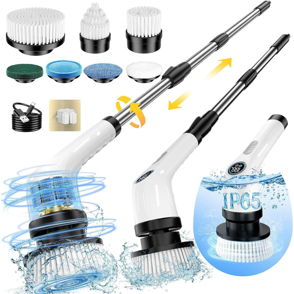 Electric spin scrubber, cordless electric scrubber with 7 interchangeable brush heads, rechargeable spin scrubber for bathroom, tiles