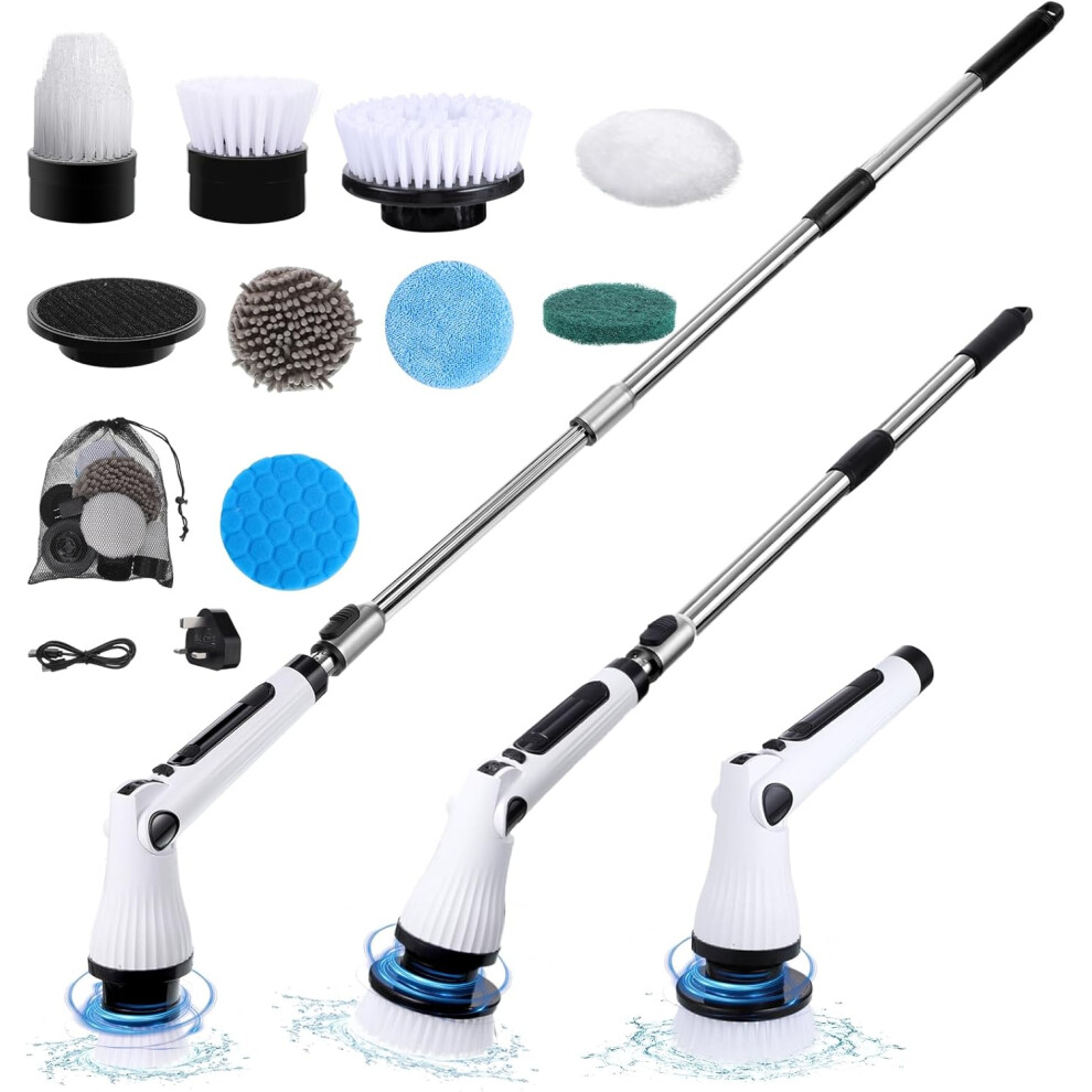 Cordless Scrub Brush with 8 Replaceable Brush Heads, 2-Speed Electric Cleaning Brush with Adjustable Extension Handle for Bathtub, Kitchen, Floor