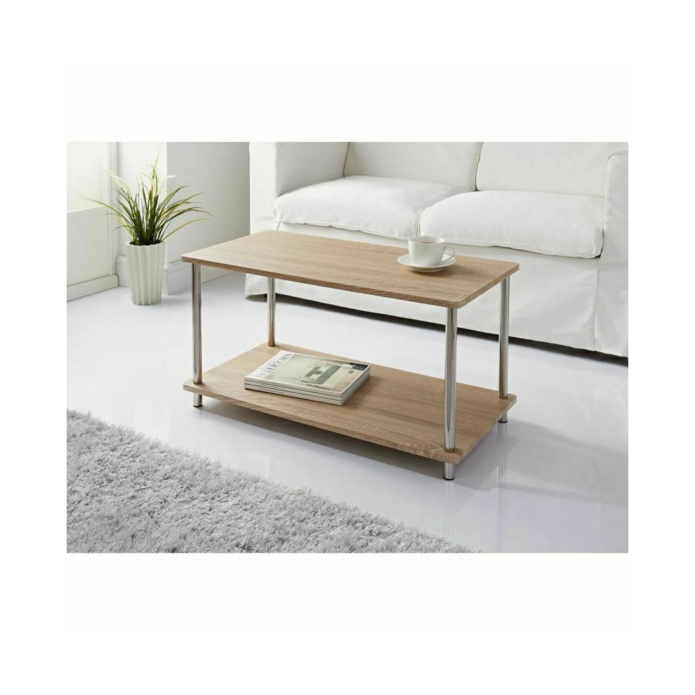 2 Tier Coffee Table Rectangle Oak Living Room Storage Shelf Steel Legs