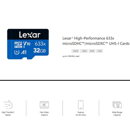Lexar (32GB) Lexar High Performance 100M/S 32/64/128GB 633x Micro SD Memory Card   SDXC TF Card Microsd 1