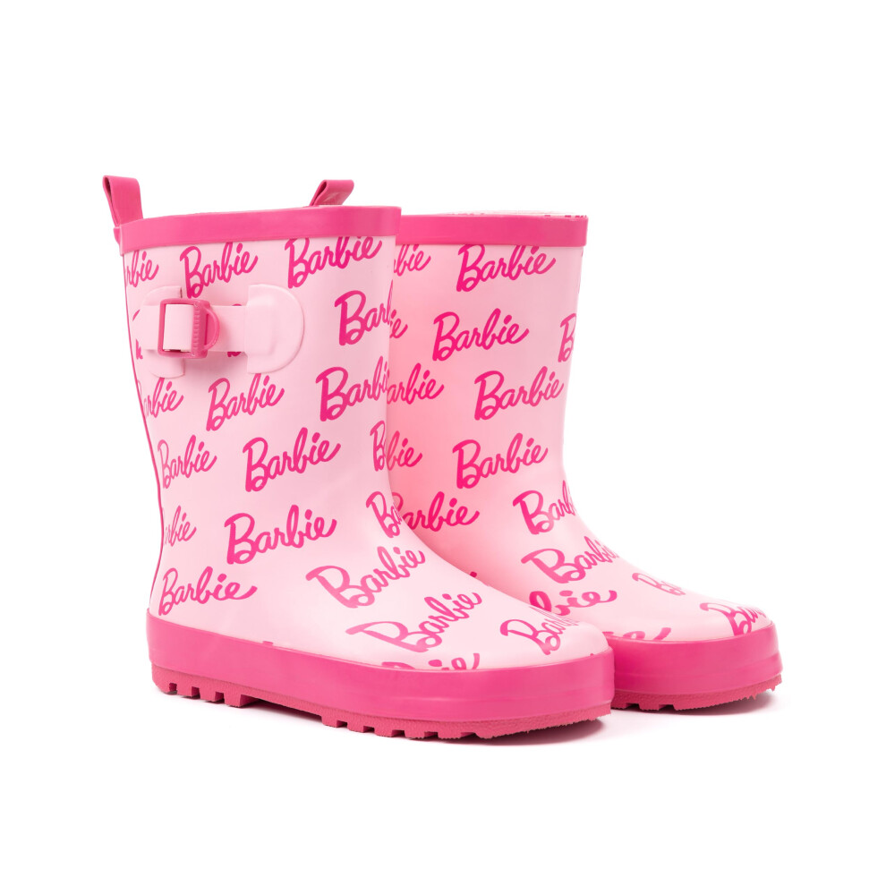 (2 UK) Barbie Wellies Girls Kids Short Pink Glitter Logo Rain Wellington Boots