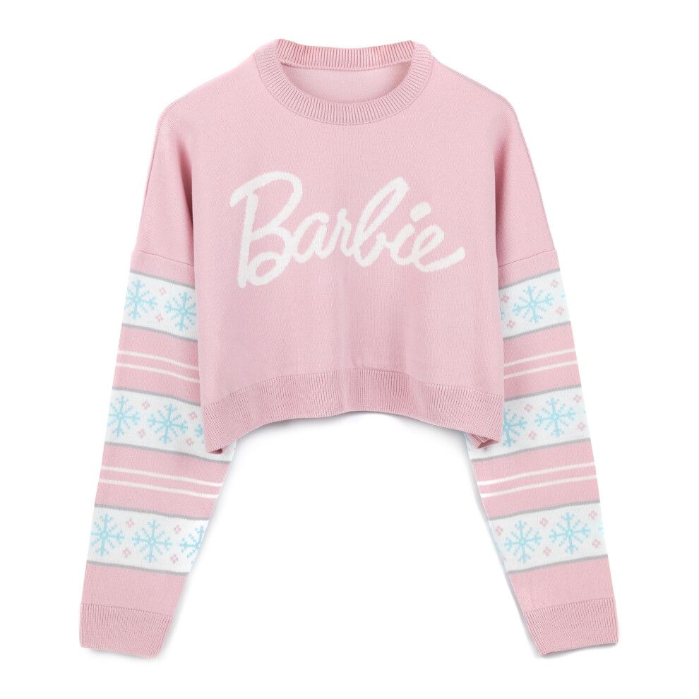 (L) Barbie Cropped Christmas Jumper Womens Snowflakes Fairisle Pink Knitted Sweater