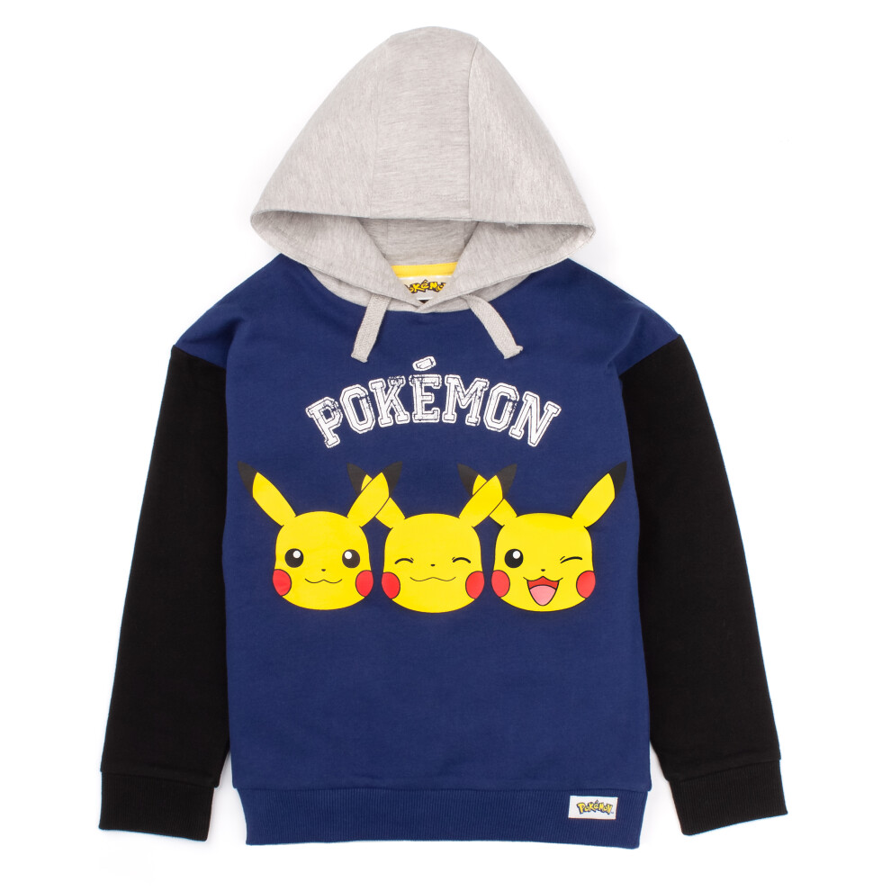 (9-10 Years) Pokemon Hoodie For Boys | Kids Pikachu Face Blue Grey Hooded Sweater | Childrens Gamer Clothing Gift Merchandise