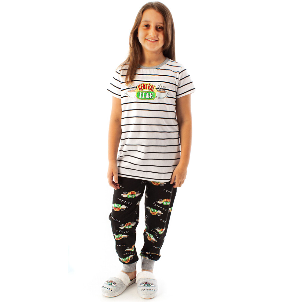 (9-10 Years) Friends Central Perk Pyjamas For Girls | Children & Teens F.R.I.E.N.D.S Cafe Striped Black & White T-Shirt & Logo Loungepants PJ Set | TV Show Gifts