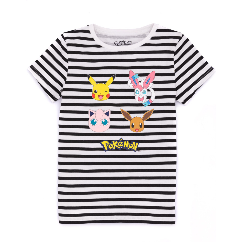 (11-12 Years) Pokemon T-Shirt Girls Striped Pikachu Eevee Sylveon Character Top