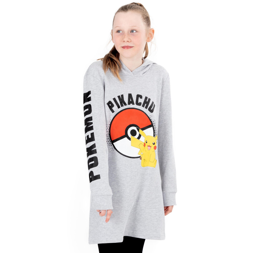 (11-12 Years) Pokemon Hoodie Dress Girls Kids Game Gifts Pikachu Grey Jumper Pullover