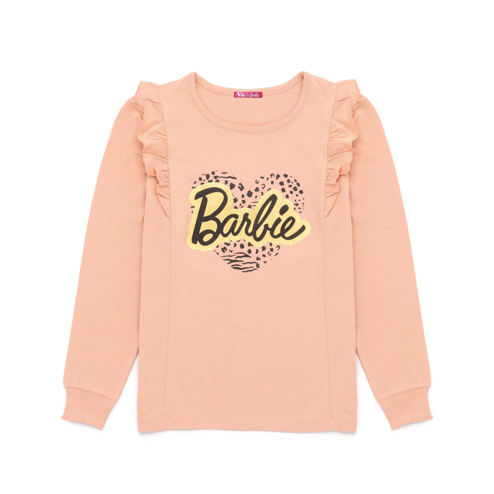 (3-4 Years) Barbie T-Shirt Girls Kids Doll Leopard Print Heart Pink Frilled Top