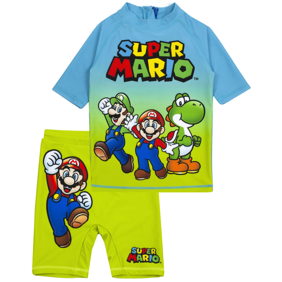 (11-12 Years) Super Mario Swimsuit For Boys | Blue Green Two Piece Top & Shorts Bathing Suit | Kids Gamer UV50+ Sun Safe Swimming Costume