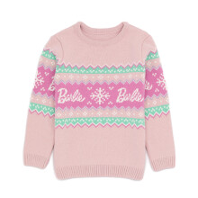 (5-6 Years) Barbie Girls Christmas Jumper Kids Dolls Logo Pink Knitted Xmas Sweater