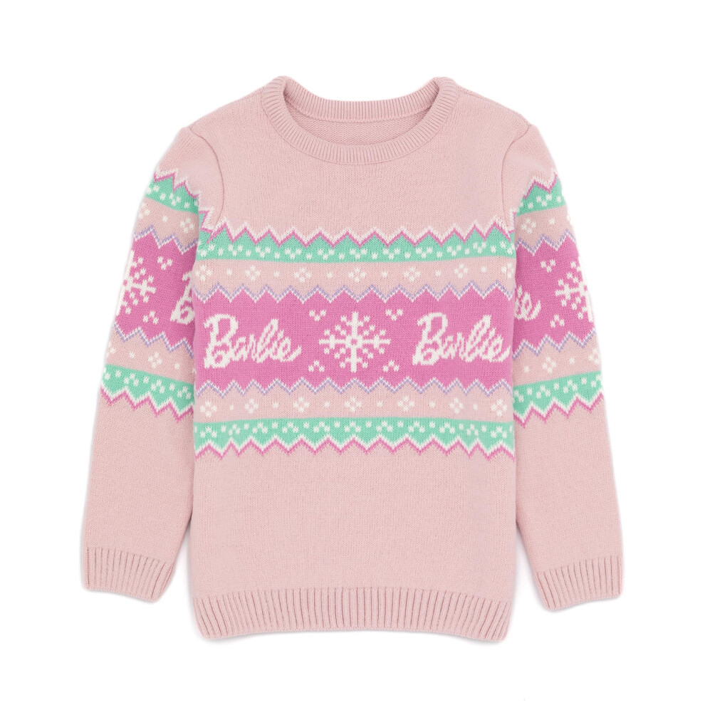 (7-8 Years) Barbie Girls Christmas Jumper Kids Dolls Logo Pink Knitted Xmas Sweater