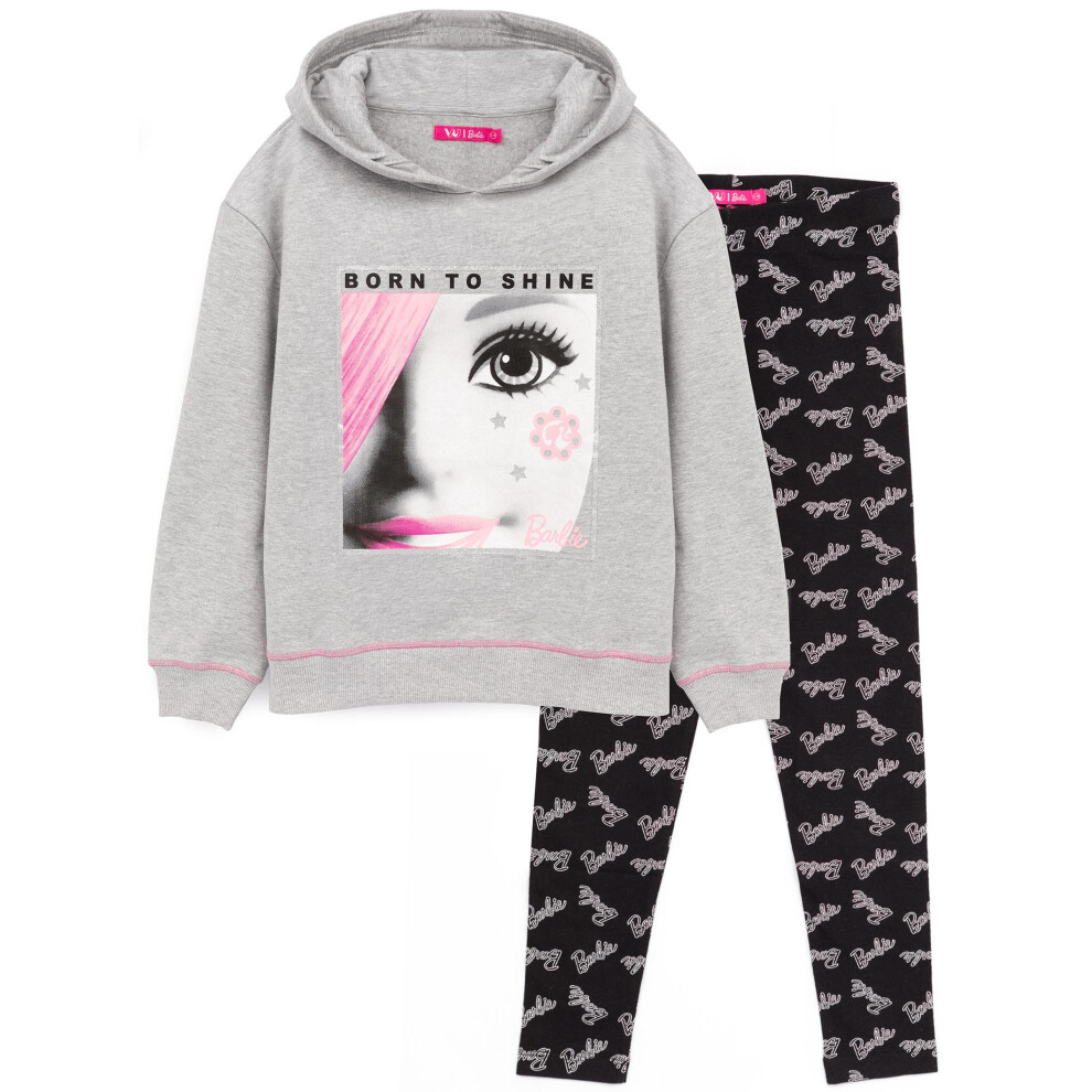 (3-4 Years) Barbie Hoodie & Leggings Girls Kids Doll Jumper Black Grey Clothes