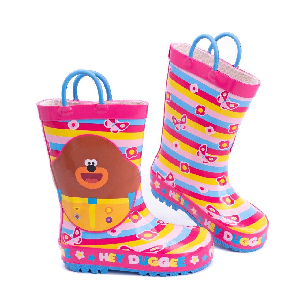 (21 EU) Hey Duggee Girls Wellies | Children's Wellington Carry Handle Snow Boots | Kids Pink Blue Rain Shoes Merchandise Gifts