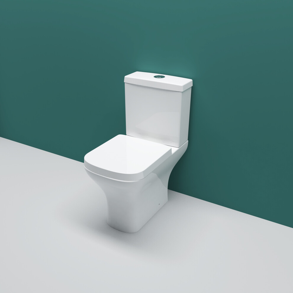 Modern Close Coupled Square White Toilet Pan and Soft Close Seat Bathroom WC