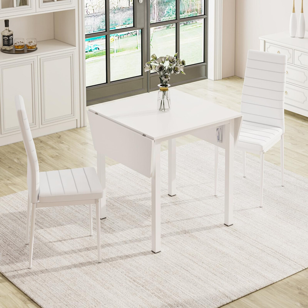 (White, A) JEFFORDOUTLET Dining Table and Set of Chairs, Drop Leaf Kitchen Table With PU Leather High Back Chair