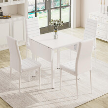 (White, B) JEFFORDOUTLET Dining Table and Set of Chairs, Drop Leaf Kitchen Table With PU Leather High Back Chair